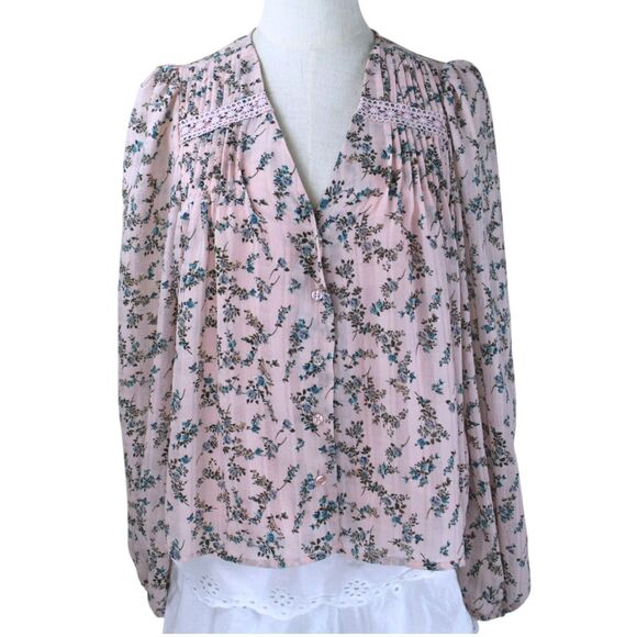 And Now This Tops - And Now This Pink Floral Cottagecore Peasant Blouse Romantic Boho Lace Top Sm